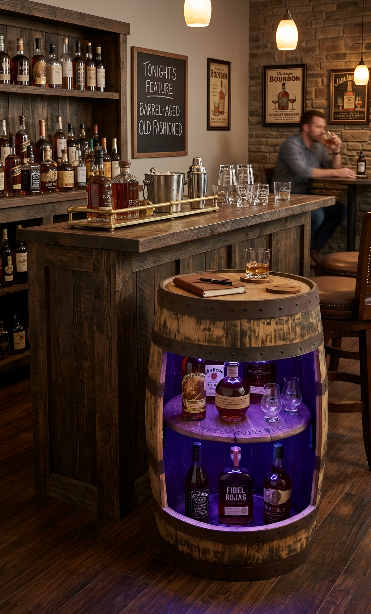 Reclaimed Bourbon Barrel Liquor Cabinets with RGB Illumination