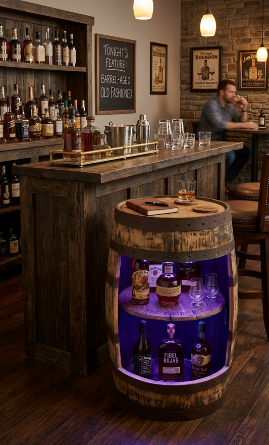 Reclaimed Bourbon Barrel Liquor Cabinets with RGB Illumination