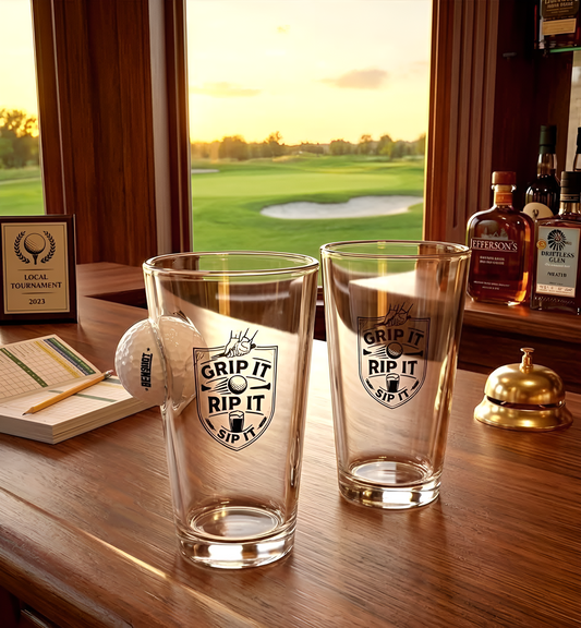19th Hole Golf Logo Glass "Grip It, Rip It, Sip It"