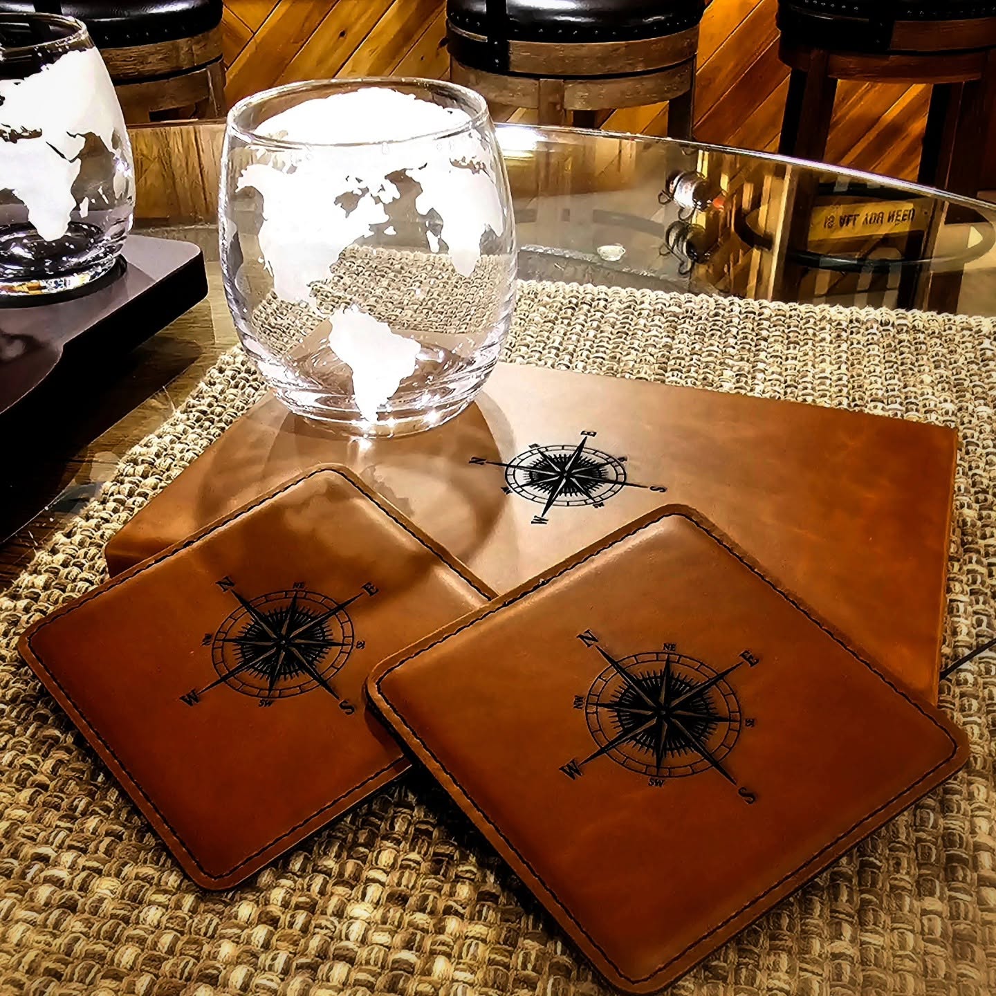 Leatherette Compass Journal Coaster Set